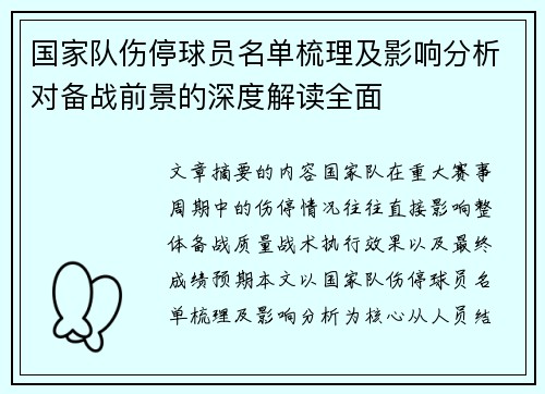 国家队伤停球员名单梳理及影响分析对备战前景的深度解读全面 国家队伤停球员名单梳理及影响分析对备战前景的深度解读全面